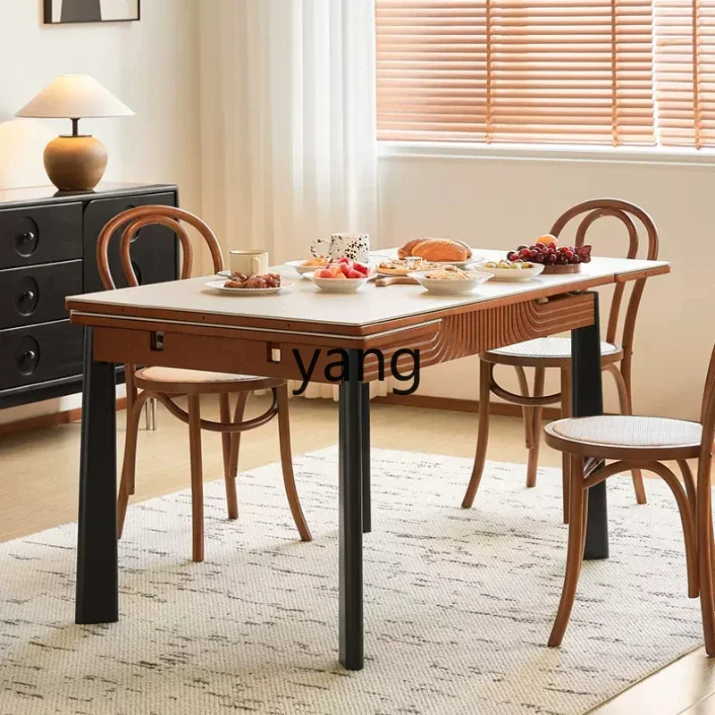 XYY solid wood rock slab dining table and chairs retractable folding medieval household rectangular table