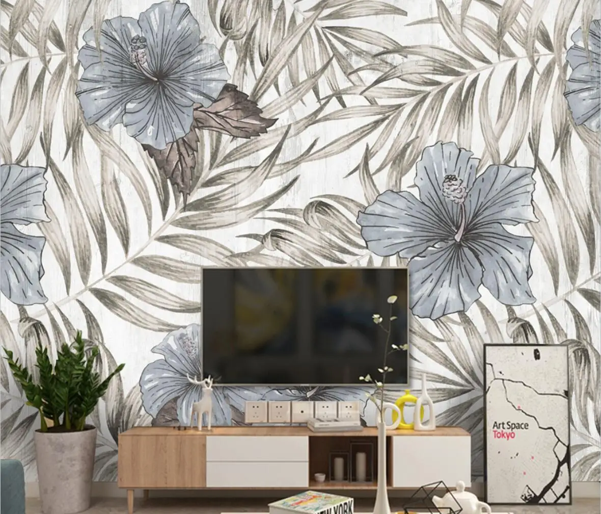 مخصص 3D خلفيات جدارية رسمت باليد يترك والزهور الرجعية الأمريكية الرعوية خلفية ملصقات جدار ديكور المنزل شخصية