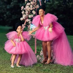 Ruffle Mother  & Daughter Matching Dress for Photo Shoot High Low V Neck Mommy and Me Outfits Tulle Tiered Dresses