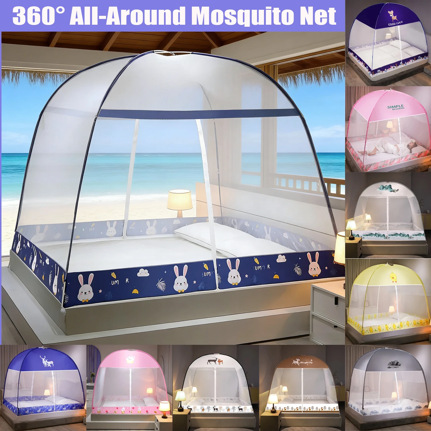 360° Coverage Easy-Install Mongolian Yurt Mosquito Net Tent Large Space Cartoon Thickened Mosquito Net with Steel Wire Frame 1PC