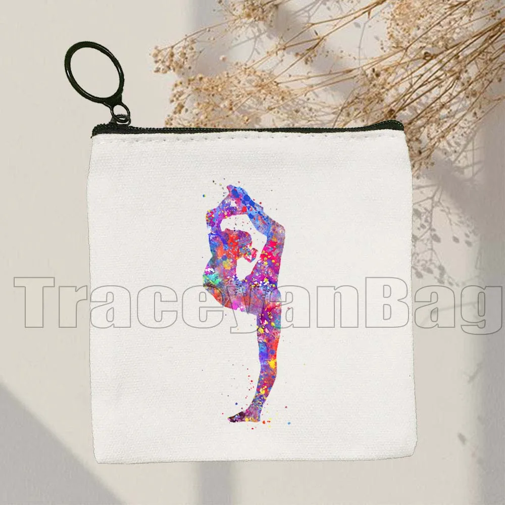 

Retro Gym Girl Silhouette Watercolor Rhythmic Gymnastics Sport Gymnast Cute Gifts Canvas Coin Purse Key Case Bag Wallet Pouch