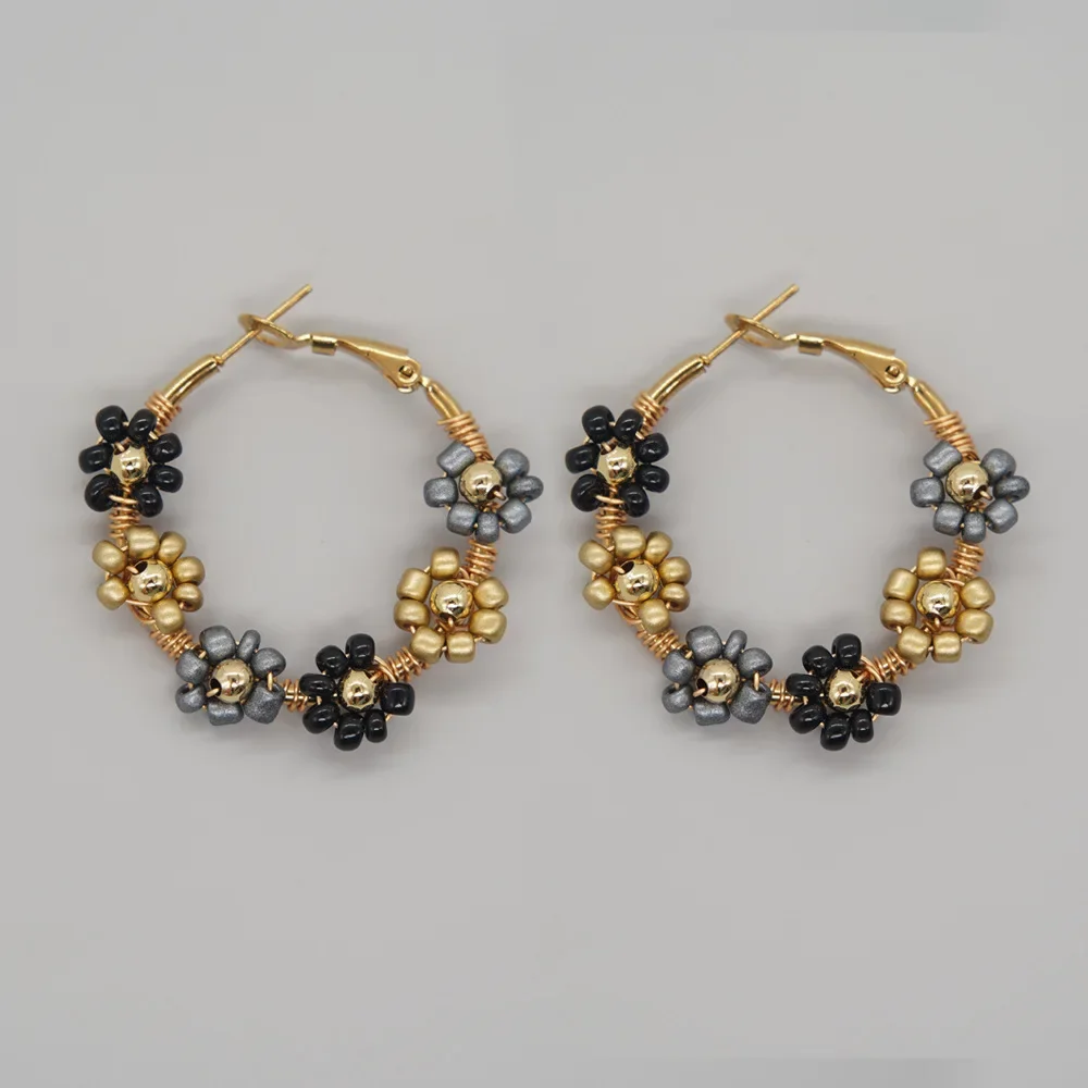 Beaded earrings Flower shape Circle Originality Hand knitting Bohemia Alloy Tide Simple Graph Rice bead earrings