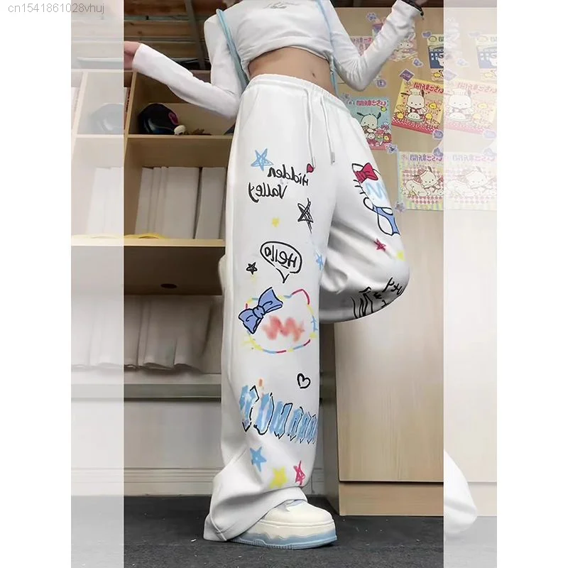 Sanrio High Street Hip Hop Sports Pants Women\'s Hello Kitty Y2k Girls Hip Hop Grunge White Trousers Female Harajuku Pants 2000s