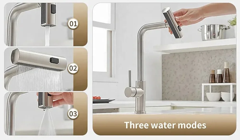 005 2023 Newest Design SUS304 Stainless Steel Waterfall Rainfall faucet Pull Out 3 function spray Kitchen mixer faucet (S46B-ss)