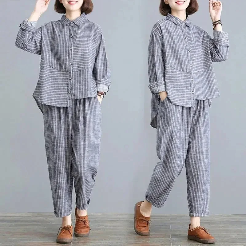 

Retro Ladies Fashion Cotton Linen Two Piece Set Female Loose Stripe Tops Trousers Spring Autumn Women Long Sleeves Outfit