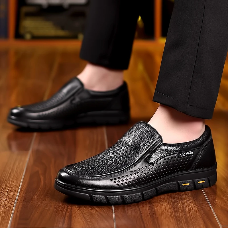

Black Genuine Leather Perforated Slip On Loafers Breathable Soft Sole Comfortable Casual Shoes For Middle Aged Dad Comfortable