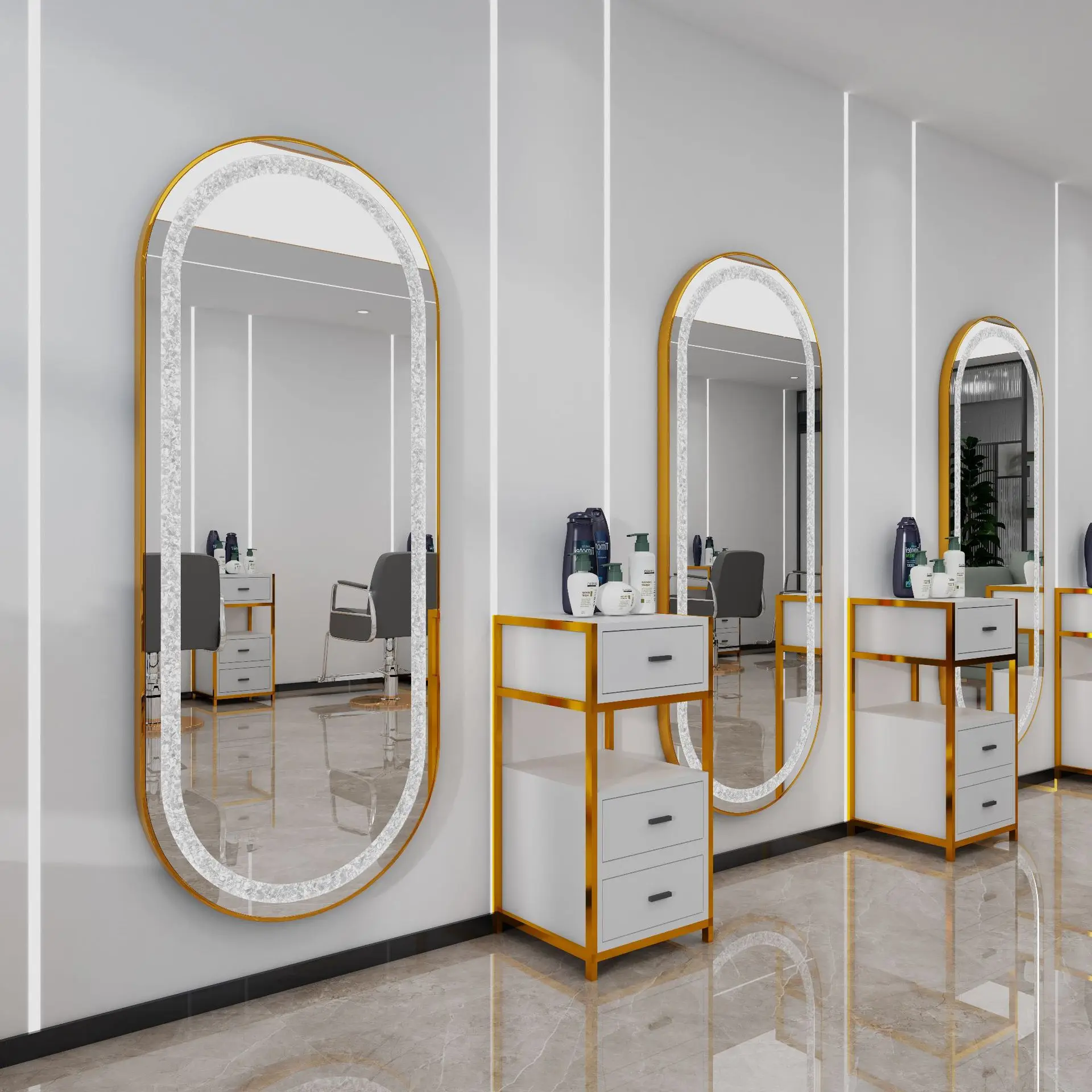 

Diamond Hairdressing Makeup Led Beauty Salon Mirror Wall Mirror Station for Sale Lighted Salon Stations Oval Square Mirror