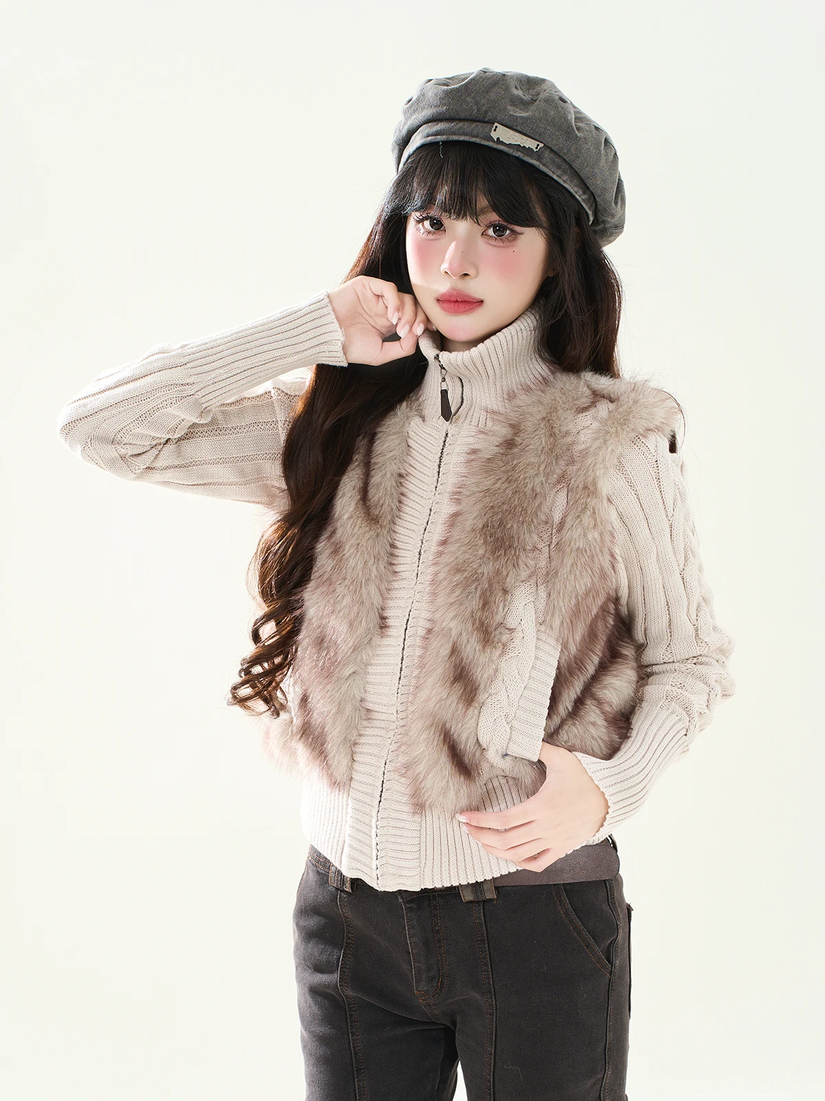 

ENJOG American Sle Splice Knitted Plu High Collar Women's Autumn Winter Slim Fit Long Sve ort Coat Casual Faion