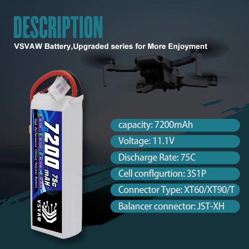 Akumulator Lipo VSVAW 3S 11.1V 7200mAh 75C z złączem XT60 do samochodów RC, ciężarówek, czołgów, samolotów RC, dronów, helikopterów