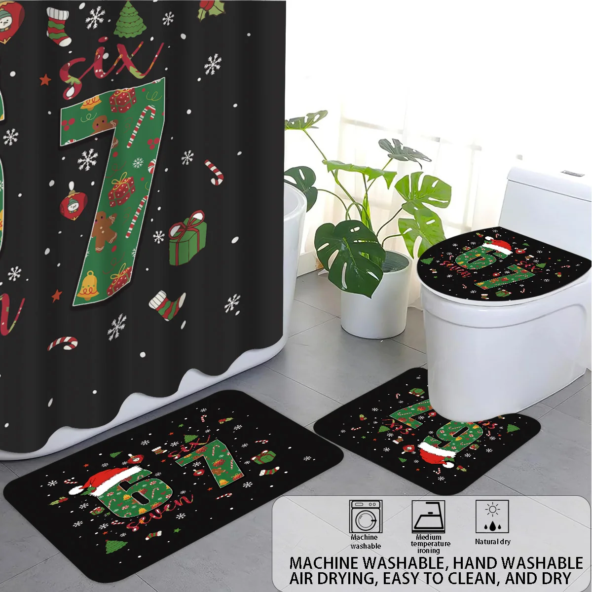 

4 Merry Christmas 67 elements black print bathroom waterproof privacy shower curtain 12 hooks toilet mat U-shaped pad floor mat