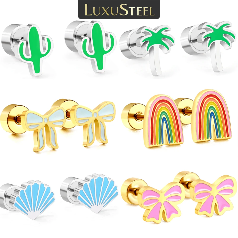 LUXUSTEEL Dripping Oil Shell Rainbow Bows Earring Stainless Steel Earrings Colorful Cactus Coconut Tree Insect Stud Earrings