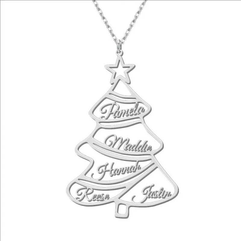 Dainty Christmas Tree Necklace With Custom Engraved Family Name Personalized Xmas Tree Necklace Holiday Jewelry Gift For Women