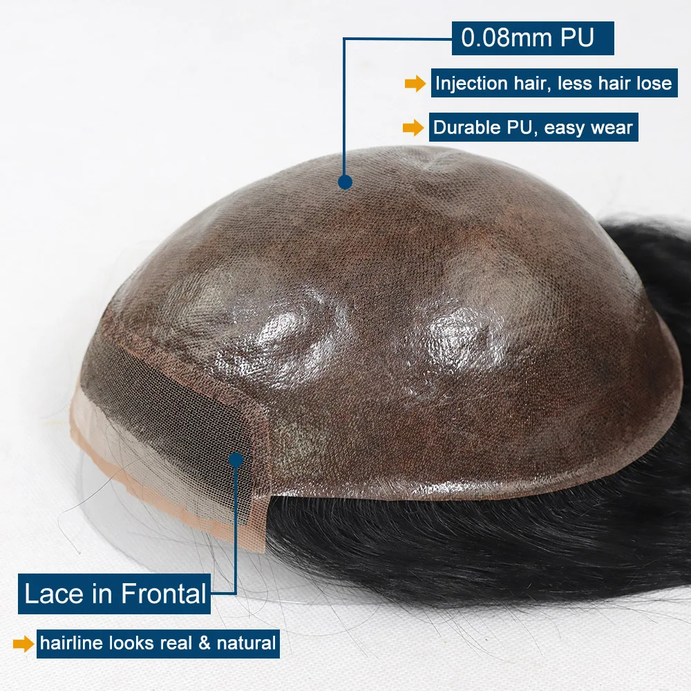 12Inch Long Men's Hair Prosthesis Lace Front Toupee for Men Human Hair PU Male Wig System Natural Black Gray Hairpiece