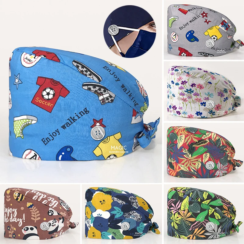 Floral Soft Hat Printing Nurse Sweat-absorbent Head Wrap Towel Surgical Anti-Dirty Pure Cotton Cap With Button Scrub Cap