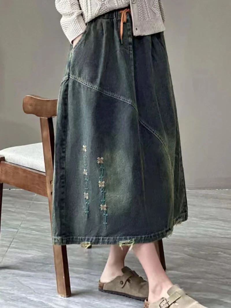 Vintage Literary Embroidery Patchwork Denim Versatile Loose Casual Cozy A-Line Office Lady Solid Color All-match Simple Skirts