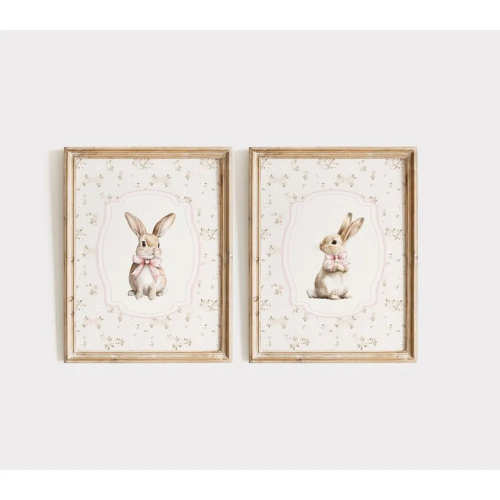 2pcs Frameless,2D Flat ,Frameless Pink Floral Bunny Wall Art, Bunny Girl Nursery Decoration, Retro Girl Room, Instant Download,