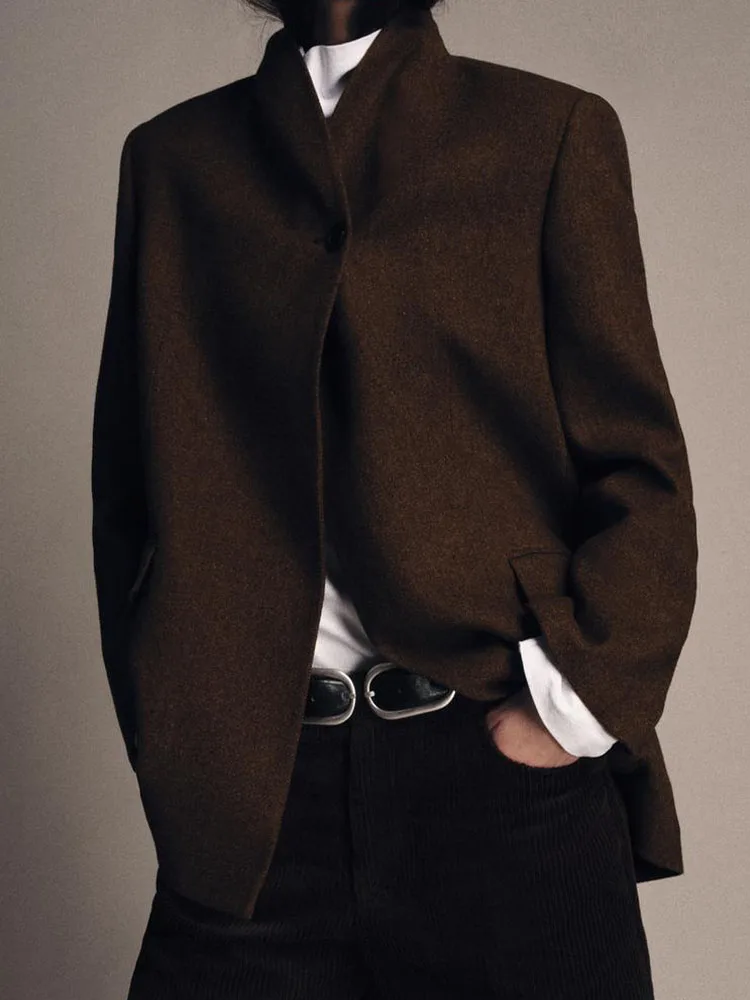 

2025 New Women's Clothing: European and American Style Fashionable Flap Collar Stand Collar Elegant Long-Sleeved Coat