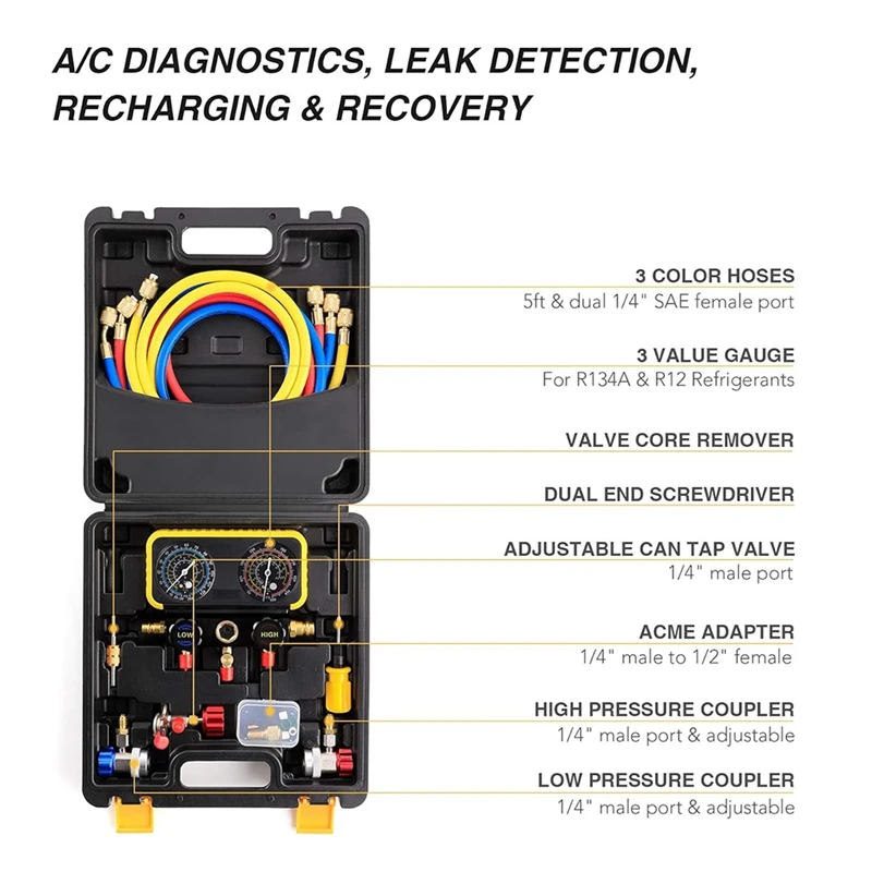 AC Manifold Gauge Set For R134a R12 R22 R502 Refrigerants, Automotive AC Gauge Set, Precision Refrigerant Gauge Kit