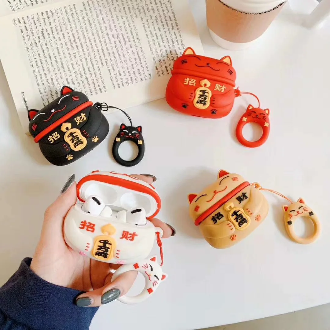 Lucky Cat Silikon-Kopfhörerhülle für Apple Airpods 1 2 3, niedliche Schutzhülle, stoßfeste Schale, waschbare Anti-Staub-Hülle