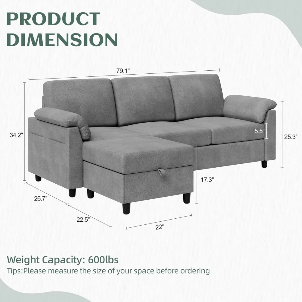 Convertible segmented sofa, 3-seater L-shaped sofa with detachable pillow linen small sofa, suitable for living room and bedroom