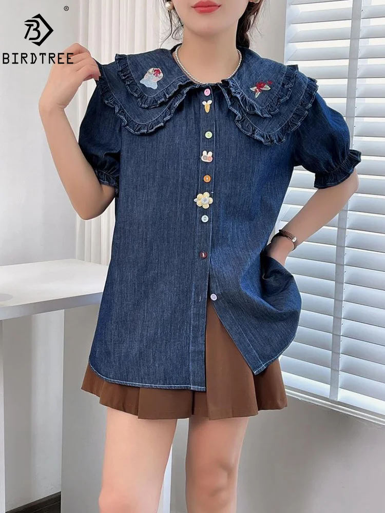 

New Spring Cotton Denim Shirt Women Peter Pan Collar Short Sleeve Embroidery Sweet Top Girl Loose Blouses 2024 Summer T44069QM