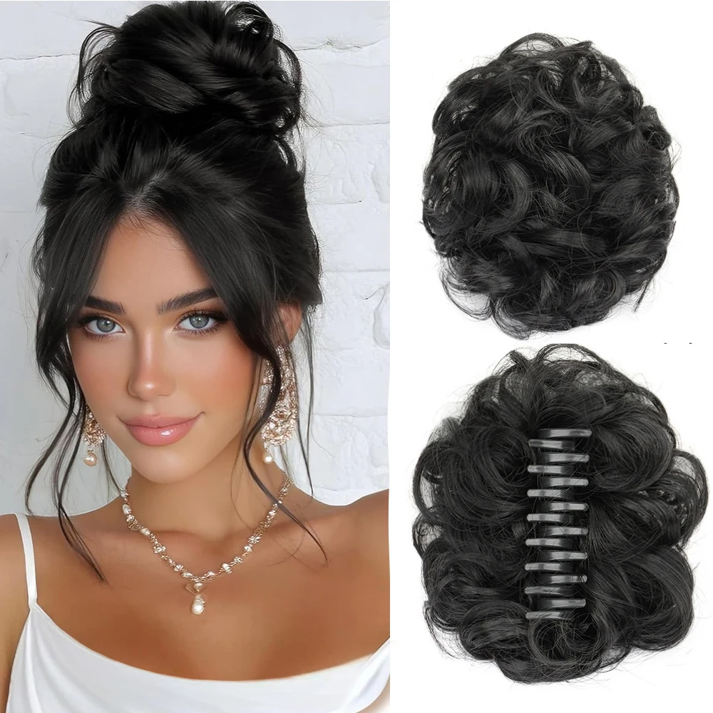 Elegant Messy Bun Claw Clip Wavy Curly Hairpiece Synthetic W