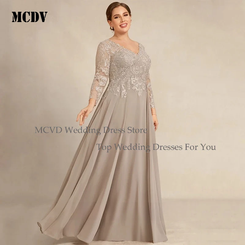 

MCDV Champagne Mother of The Bride Dresses Plus Size Customized V Neck 3/4 Sleeves Applique Chiffon A Line Wedding Guest Dresses