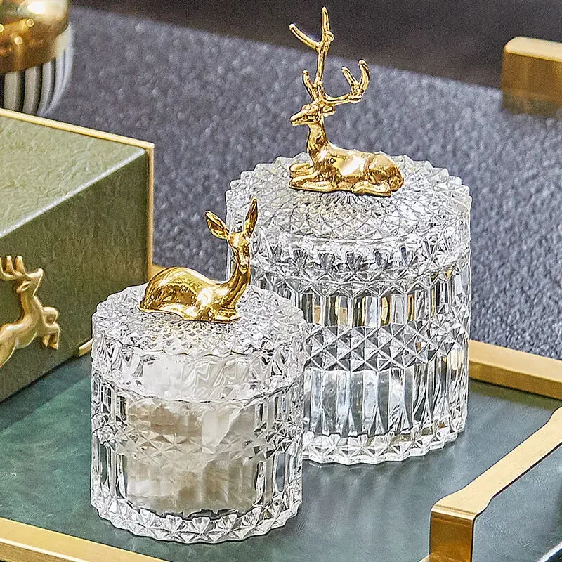 Northern Europe Crystal Glass Storage with Deer Cover Decoration Storage Sealed Jar Cotton Swab Box Candy Jar Jewelry Box