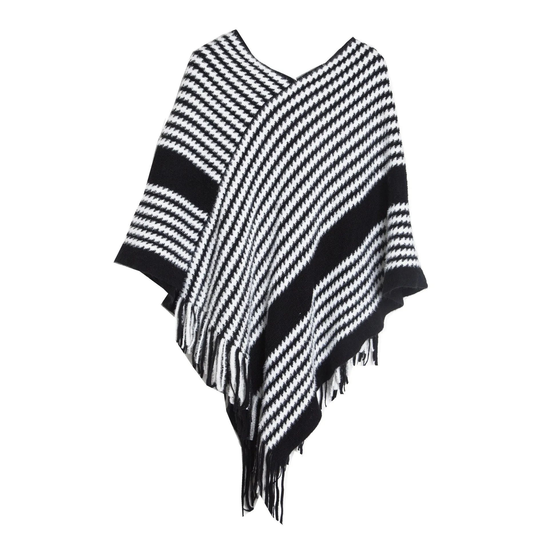 

Europe America Pullover Shawl Autumn Winter Knitwear Stripe Fashion Street Poncho Lady Capes Black Cloaks