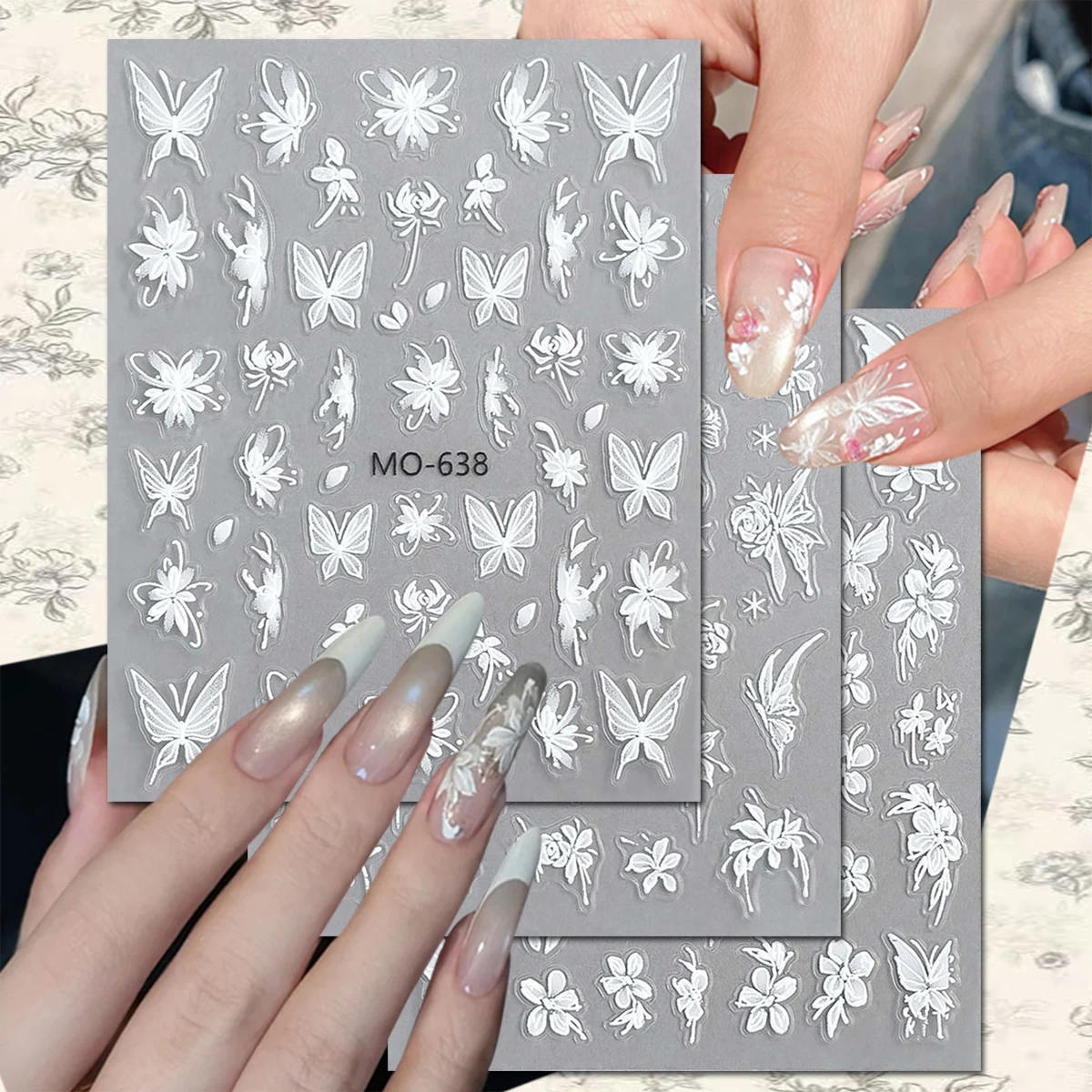 Autocollants pour ongles papillon et fleurs en relief 5D blanc, 3/6 feuilles, autocollants auto-adhésifs Style dentelle féerique pour Nail Art, pour manucure en Gel