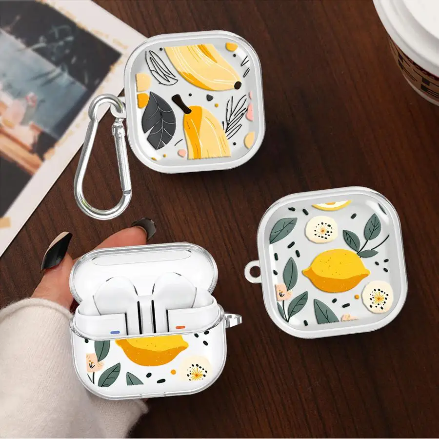 Clear Earphone Cases Cover With Hook Case For Redmi Galaxy Buds 5 7 6Active 8Active 8 Lite 6 Pro Sunny Citrus Banana Pattern