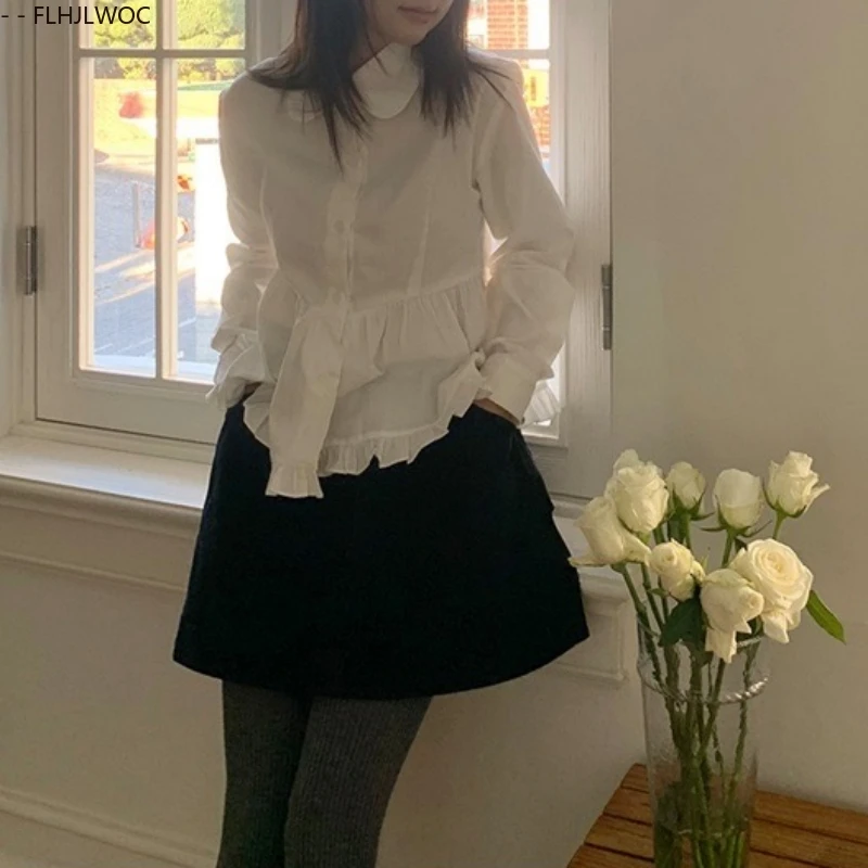 Katoen Chic Korea Leuke Peter Pan Kraag Tops Blusas Vrouwen Japan Meisjes Stijl Vintage Preppy Stijl Ruches Peplum Witte Shirts