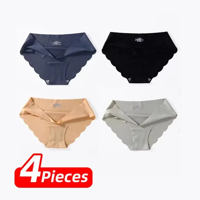 4 Pieces Women Seamless Briefs Mid Rise Underwear 4 Black Or 4 Colors Mixing M L XL Ice Silky Smooth Feeling Comfortable Soft