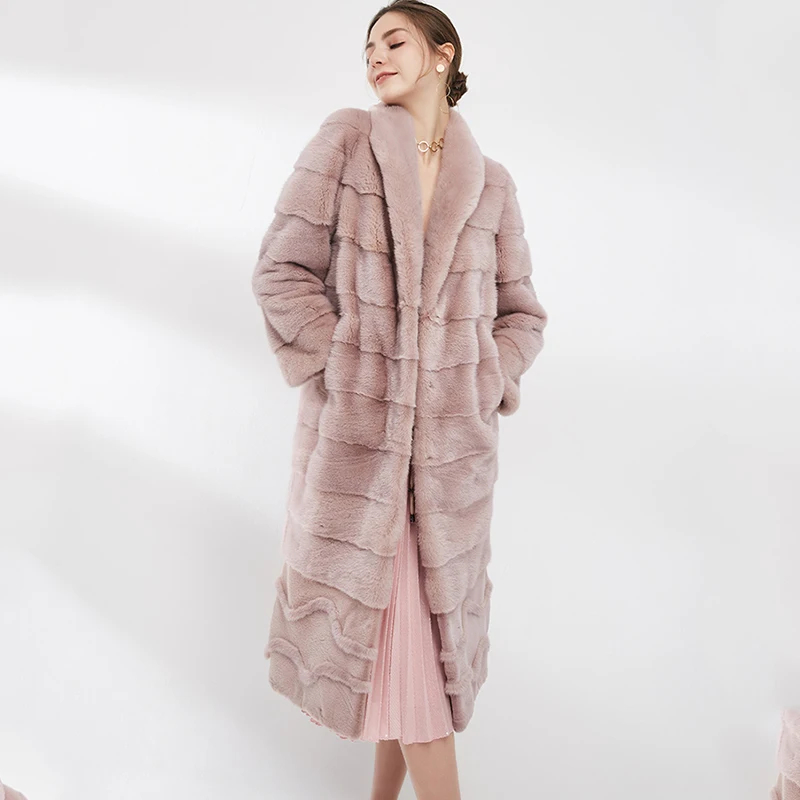 Ftangaiur جديد الشتاء استيراد المخملية معطف فرو المنك كم طويل المرأة بدوره إلى أسفل طوق لون نقي X-طويلة معاطف فرو المنك الطبيعي