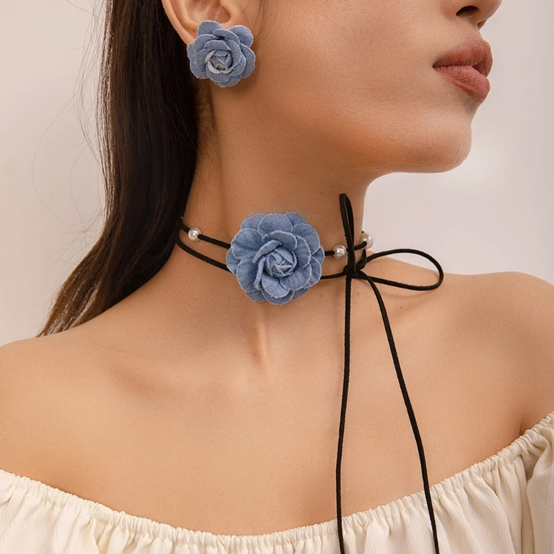 Flower Lace-up Choker Necklace with Earrings Denim Camellia-Bead Clavicle Chain  Dropship