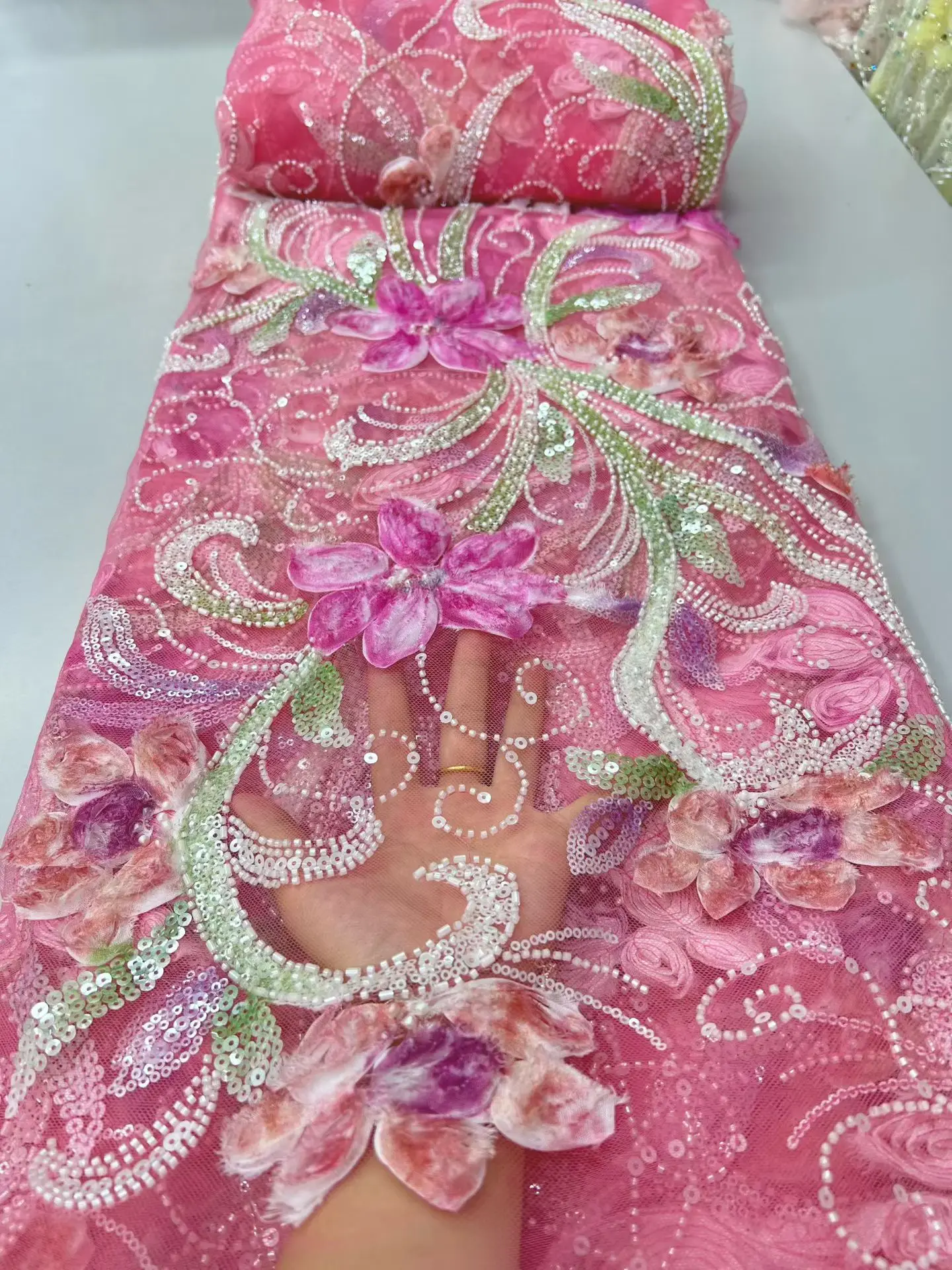 

2026High Quality Luxury 3D Lace Fabric 5 Yards With Bead Embroidered Lace French Nigerian Lace Fabric For Dress