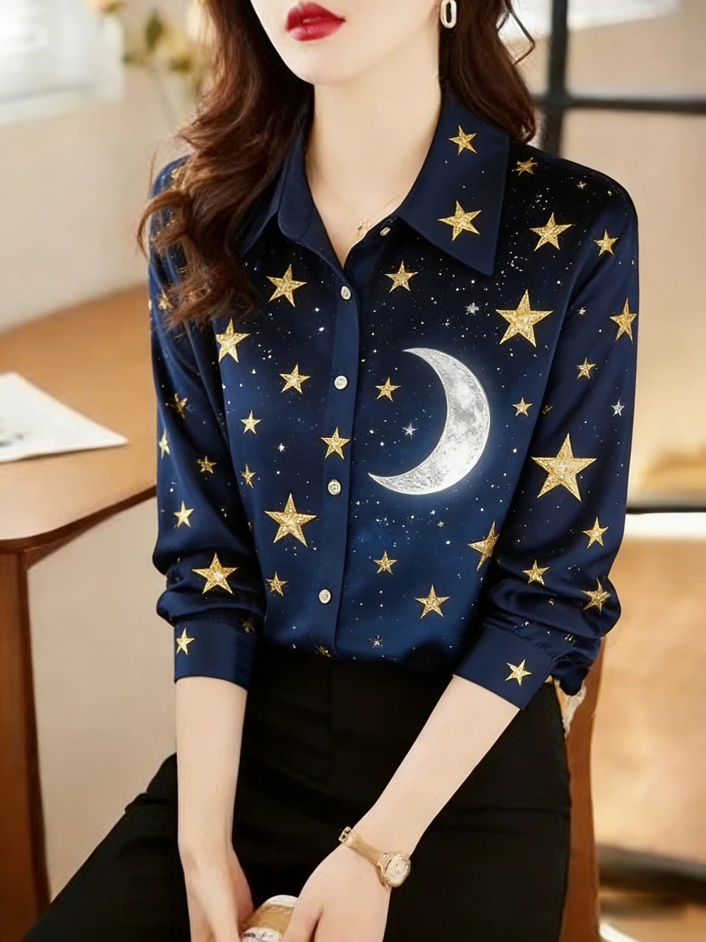 

Women Casual Print Turn Down Collar Long Sleeve Shirt White Pink Blue for Autumn Woman Clothing