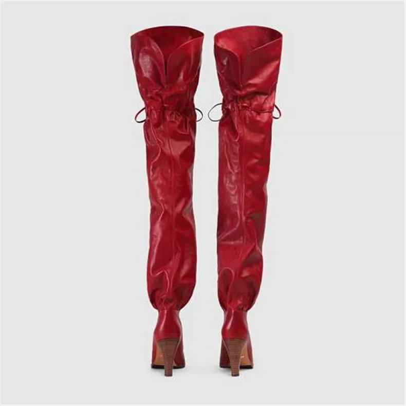 Autumn Winter Newest Slim Fit Red Leather Thigh High Boots Strap Long Spike High Heel Designer Plush Botines Shoes Woman 2023