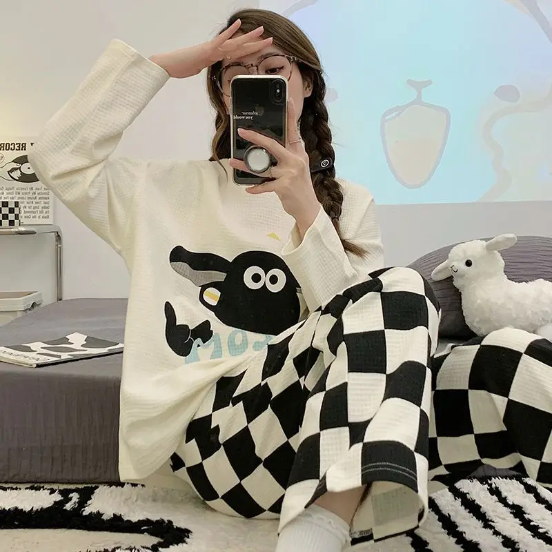 

Latest Sleepwear Waffle Cotton Pajamas Women Long Sleeve Spring Pyjamas Cartoon Casual Nightdress Round Collar Print Homewear