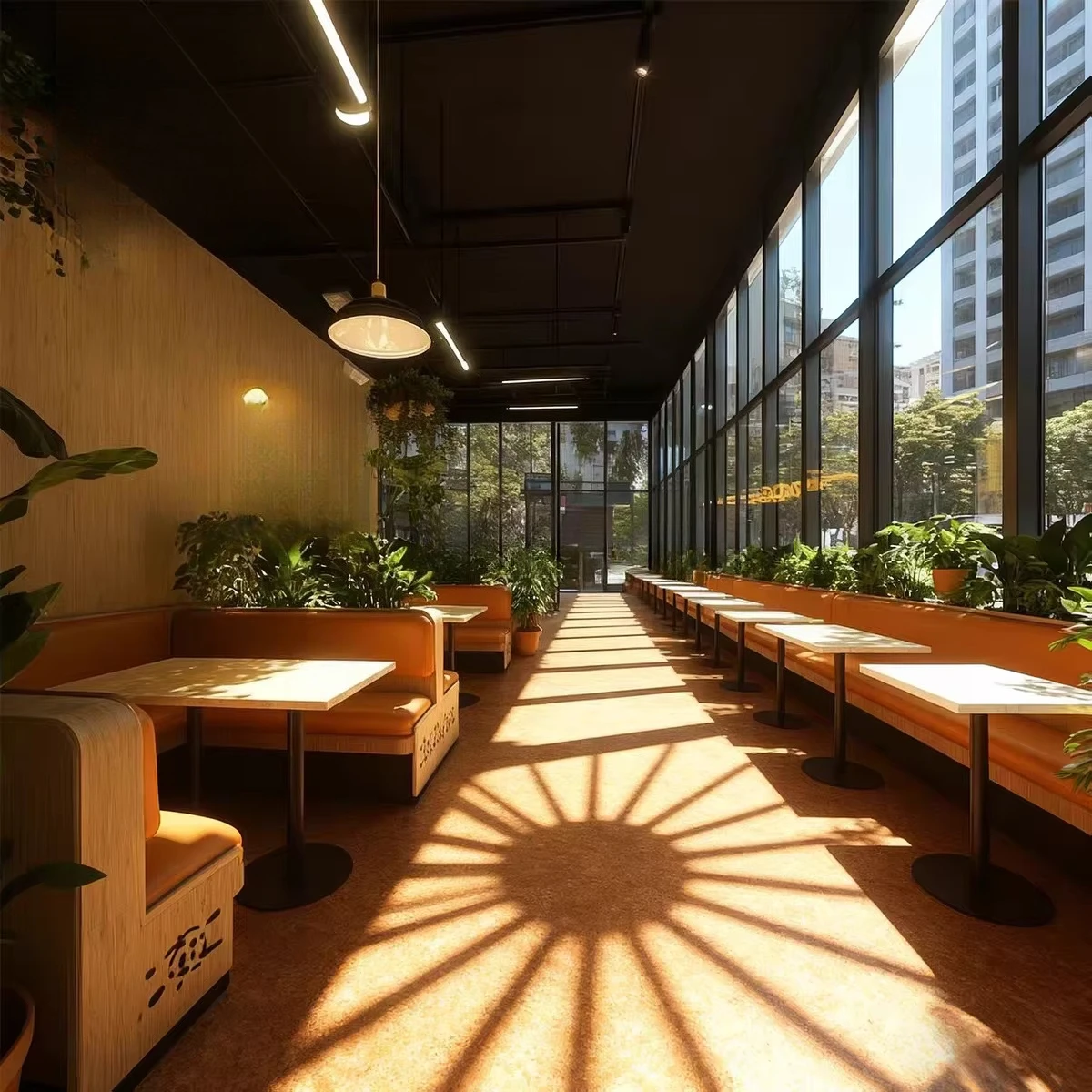 Trendy cafe restaurant leisure private room wooden booth sofa and green plants integrated commercial furniture set
