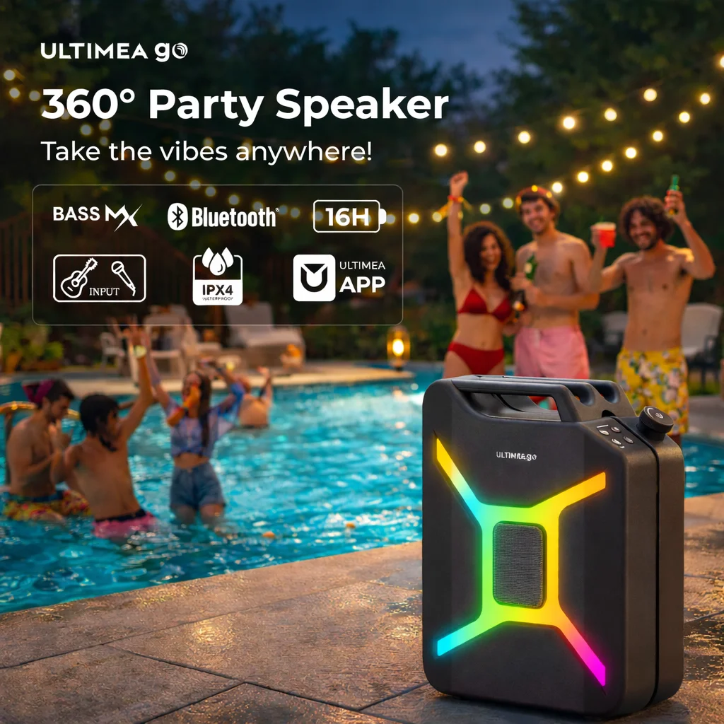 ULTIMEA Go Tragbarer Party-Lautsprecher 300W, Kabelloser PartyBox mit Bass-Boost, RGB-Licht, TWS Stereo, Auracast, Mikrofon- & Gitarreneingang