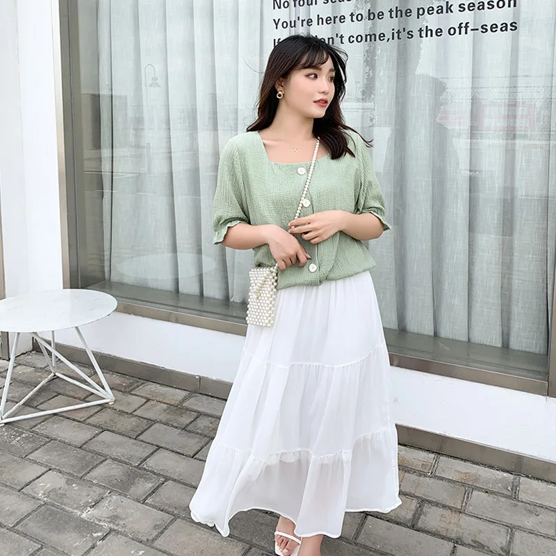 Plus size, mm summer belly covering slimming square neck short sleeved loose slimming-shirt 2802