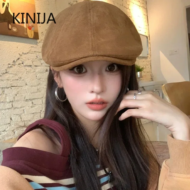 British Retro Style Winter Beret Hat Women Fashion Outdoor Warm Solid Suede Forward Hat Female Best Matched Newsboy Cap