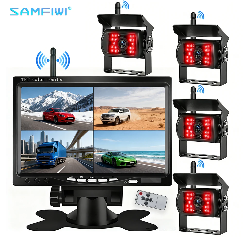 

7" BSD Quad Monitor Digital Wireless Reversing Backup Camera 12V/24V HD Night Vision IP68 Waterproof For Car SUV RV Van Truck