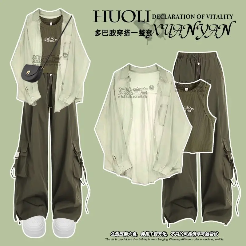 

Летние брюки с длинными рукавами, комплект из 3 предметов, женская однотонная рубашка, свободные брюки, повседневный комплект 2025