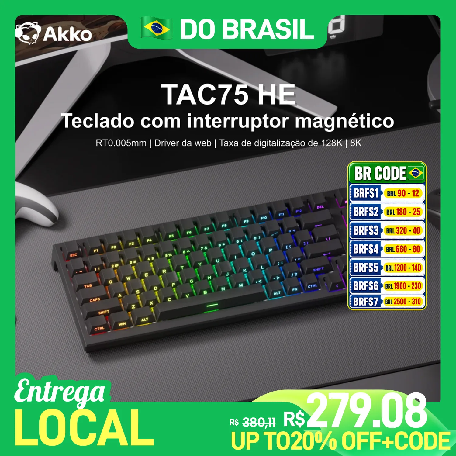 Teclado Mecânico Akko TAC75 HE 75% com Switches Magnéticos, Rapid Trigger 0.005mm, ARGB, Taxa de Polling 8K, Teclado Gamer Personalizável com Fio