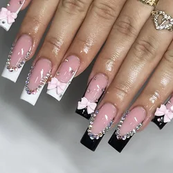 24Pcs Square Head Press on False Nails with Diamond Wearable French Fake Nails Long Ballet Finished Full Stick on Nail Tips