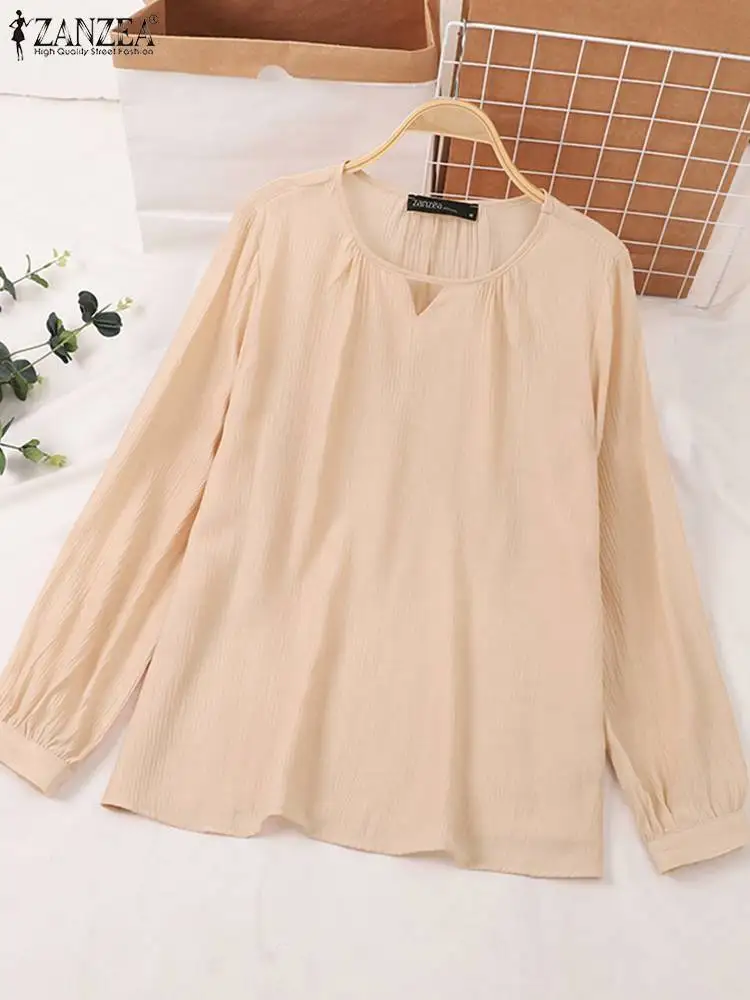 ZANZEA Women Blouse Fashion Blusas Tunic Solid Color Autumn O Neck Shirts Long Sleeve Casual Loose Blouses Streetwear Oversize