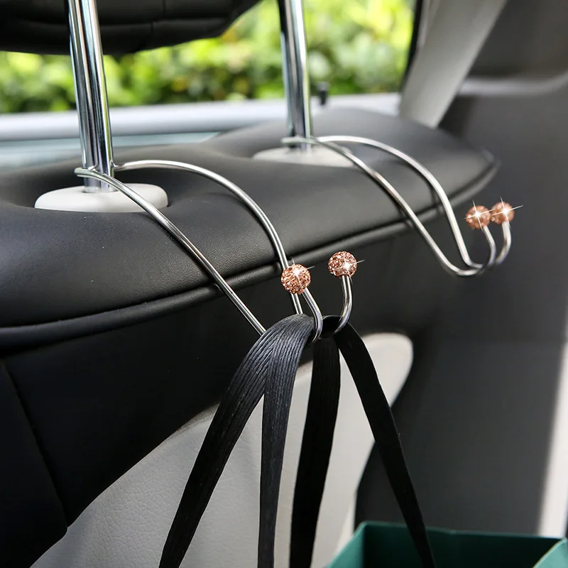 2pcs Ca Back Seat Stainless Steel Hooks with Rhinestone Decor Car Interior Hidden Headrest Hanger Handbag Storage Hanger Hook