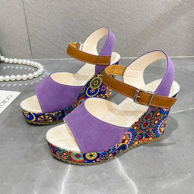 Shoes for Women Summer Wedge Sandals Retro Ethnic Printing Platform Shoes Ladies Casual Ankle Comfortable Sandalias De Mujer